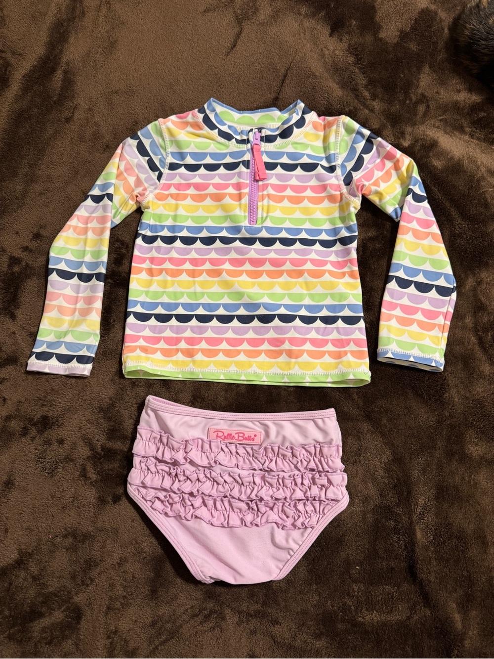 Ruffle Butts Rainbow Scallop Rashguard with Lavendar Ruffle Bottoms